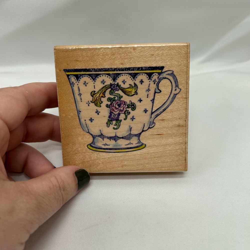 Vintage Teacup Wood Block Art - Blue, Yellow, Pink Floral